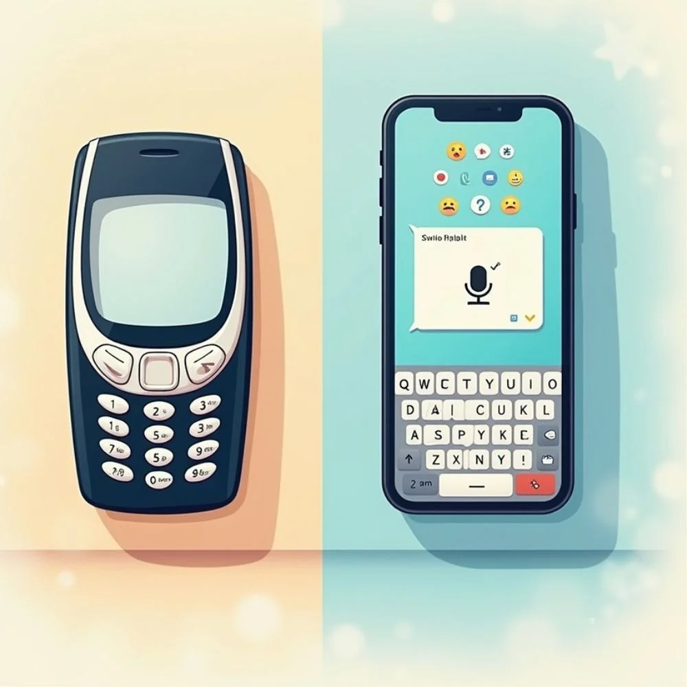 Side-by-side comparison of T9 keypad on an old phone and modern smartphone keyboard with QWERTY, swipe input, voice typing, and emoji buttons. 