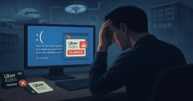Stressed IT worker looks at BSOD and flagged Uber Eats card, with disrupted industries in the background.