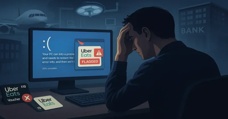 Stressed IT worker looks at BSOD and flagged Uber Eats card, with disrupted industries in the background.