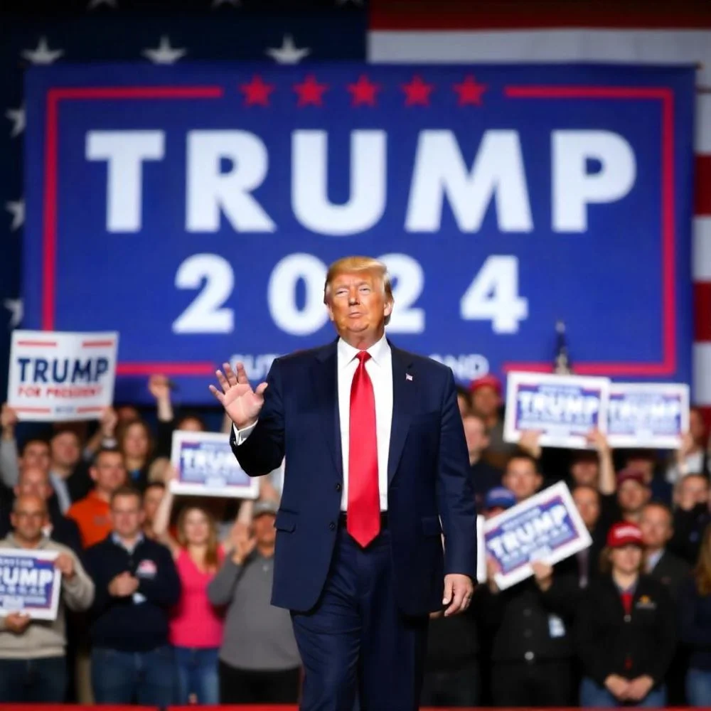 Trump campaigns for 2024 with supporters and a U.S. flag in the background. 