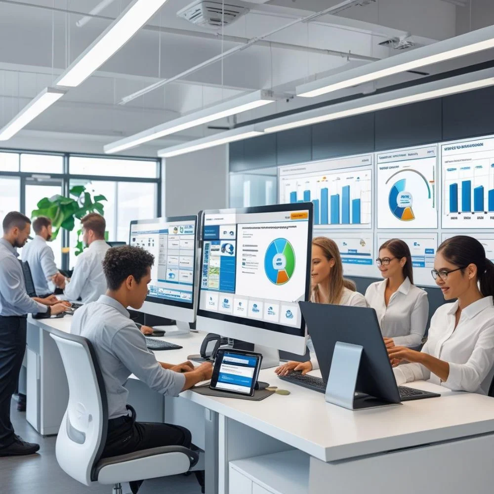 Auto dealership staff using CDK software on screens to manage sales and services. Ask ChatGPT Select 87 more words to run Humanizer. 