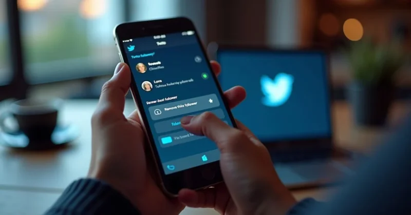 Smartphone screen showing Twitter interface with the “Remove this follower” option selected by a user.