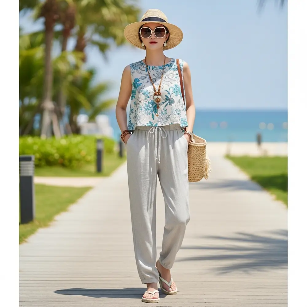 Person in linen pants, crop top, and sun hat enjoying a relaxed holiday setting.