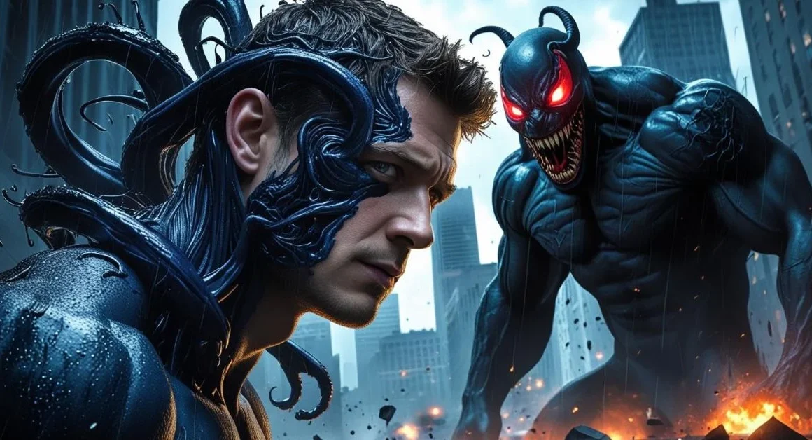 Eddie Brock transforming into Venom with a city in chaos behind him.