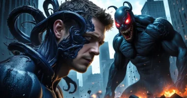 Eddie Brock transforming into Venom with a city in chaos behind him.