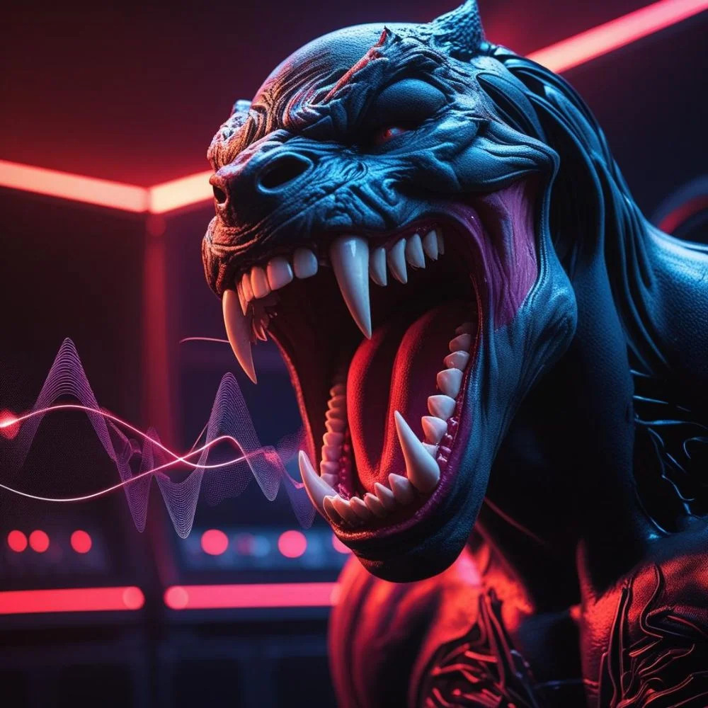 Venom roaring with soundwaves pulsing around him in a dark scene.