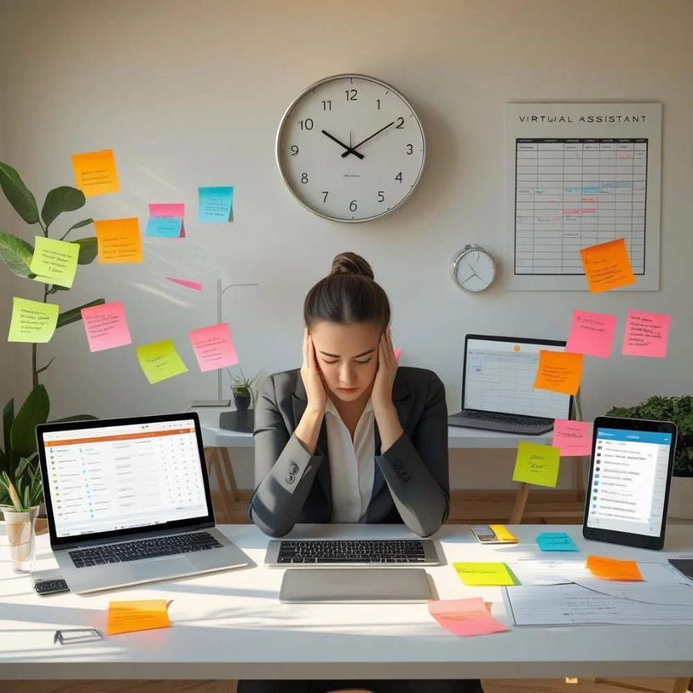 Virtual assistant juggling multiple tasks and time zones. 