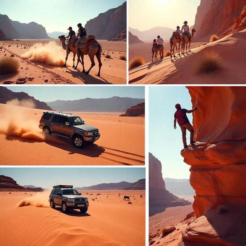 Wadi Rum Jeep tour, camel ride, and rock climbing in the desert landscape