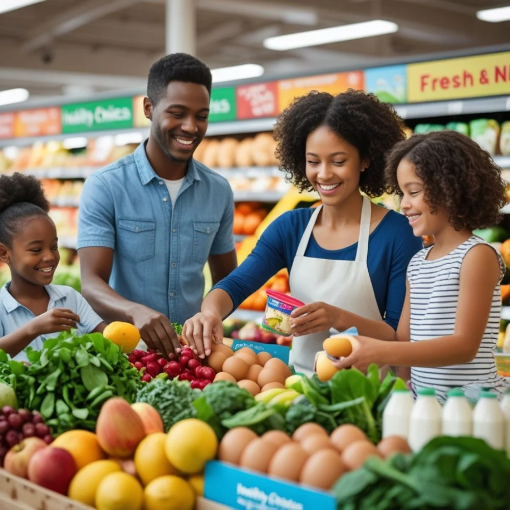 A family selects fresh and healthy groceries with increased SNAP benefits.