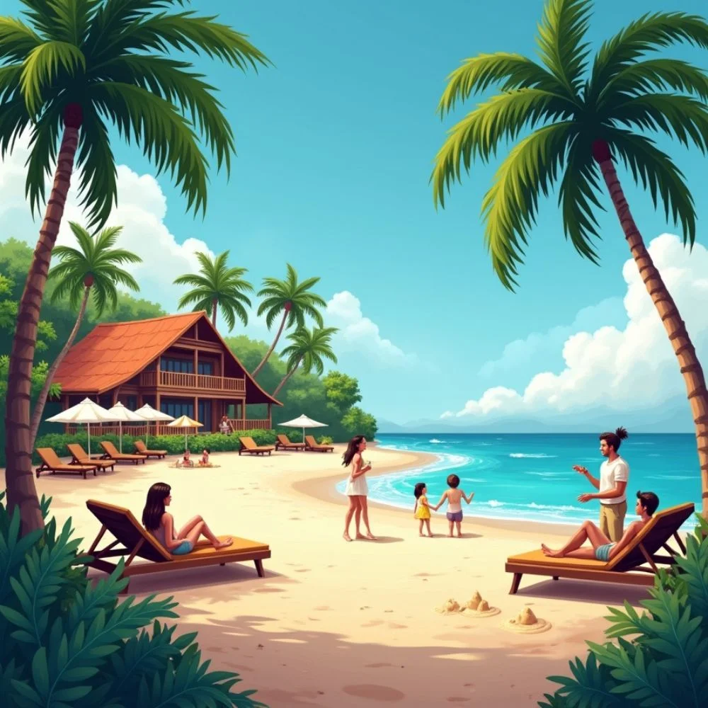 Peaceful tropical hotel with ocean views, friendly staff, and happy guests enjoying a relaxing stay. 