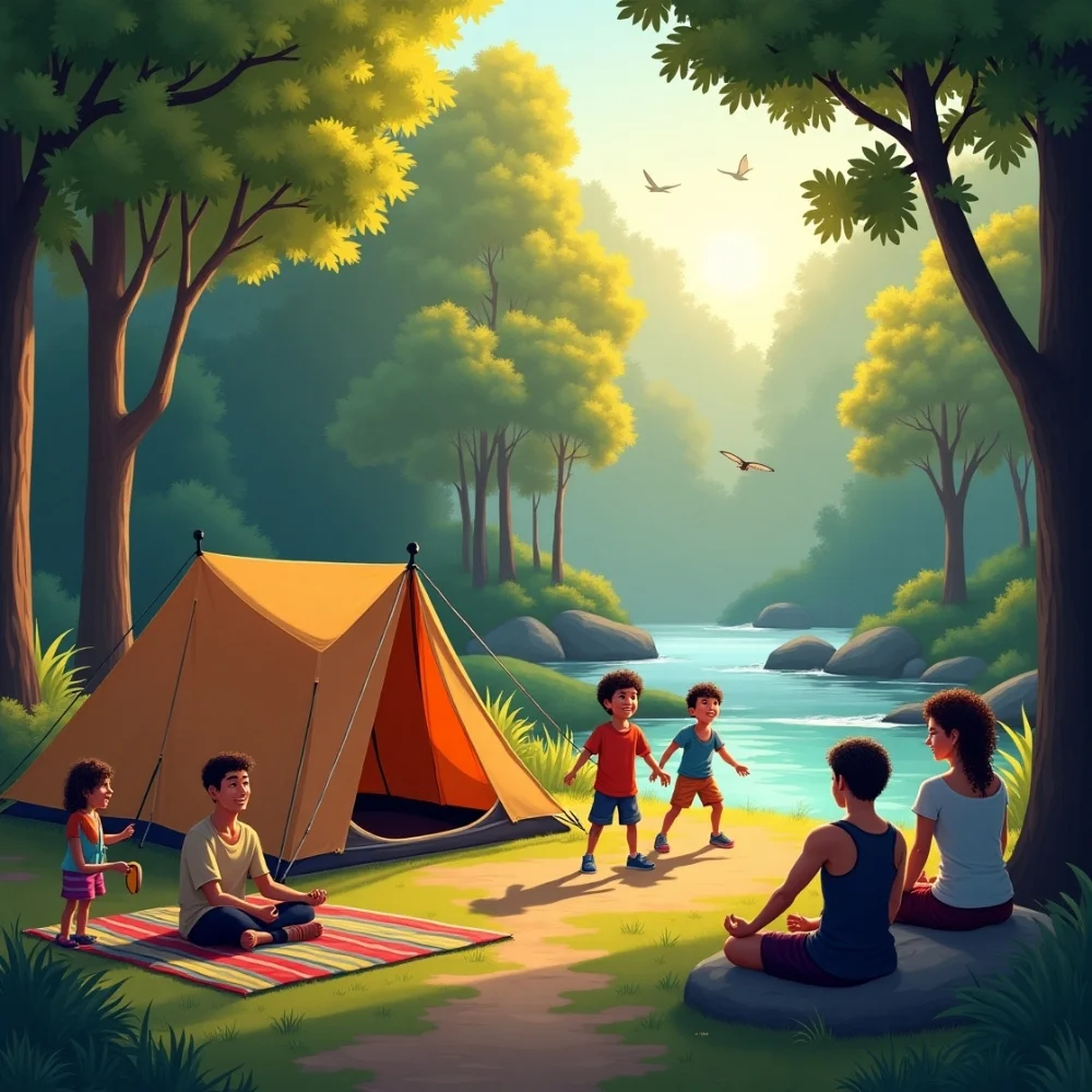 Image of Peaceful Ser camping site with family, couple, and solo camper in nature.