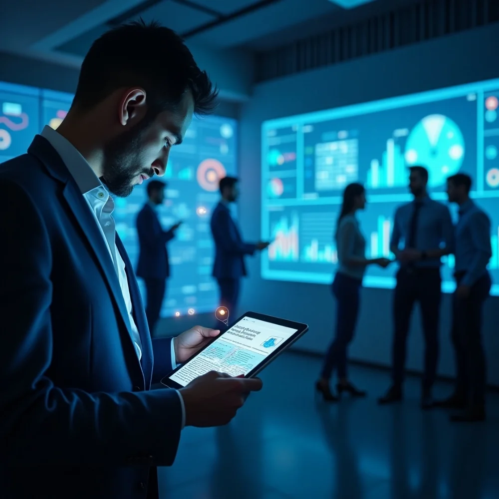 Image of Professional reading tech news on tablet and business team analyzing trends and updates for a competitive edge.