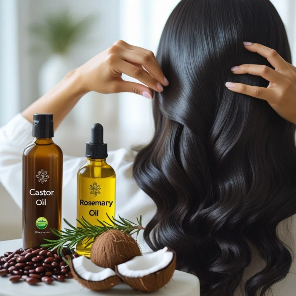 Woman massaging oil into scalp with castor, rosemary, and coconut oils nearby. 