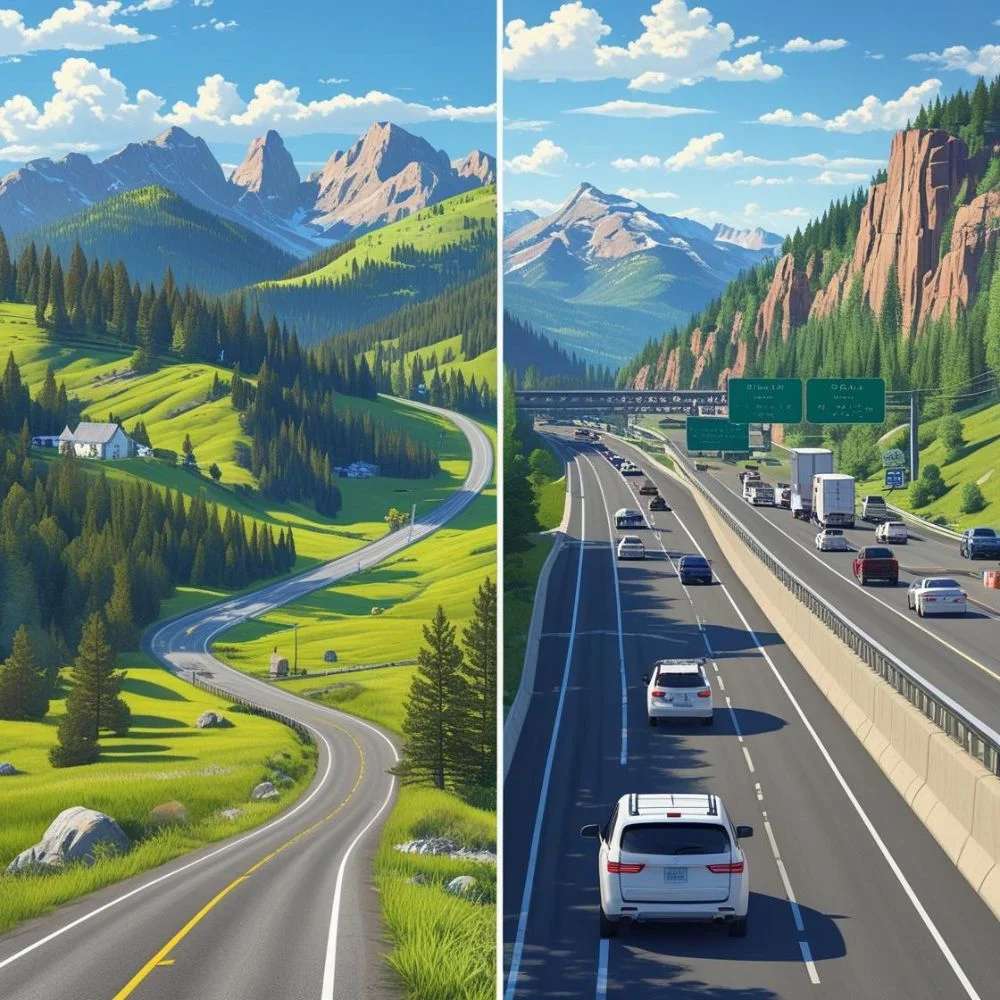 "Two scenic routes from Yellowstone to Glacier park : rural US-89 and urban I-90 highway options." 