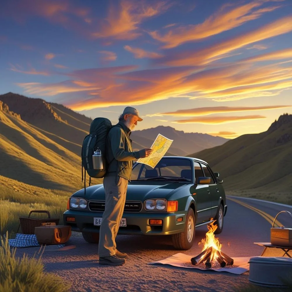"Traveler enjoying a spontaneous stop on a scenic Montana road at sunset."
