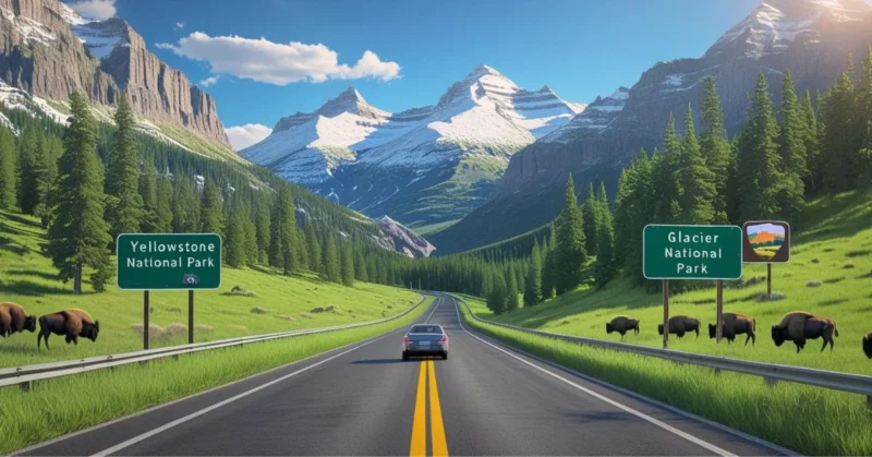 "Scenic summer drive through Montana between Yellowstone and Glacier with mountain views and wildlife."