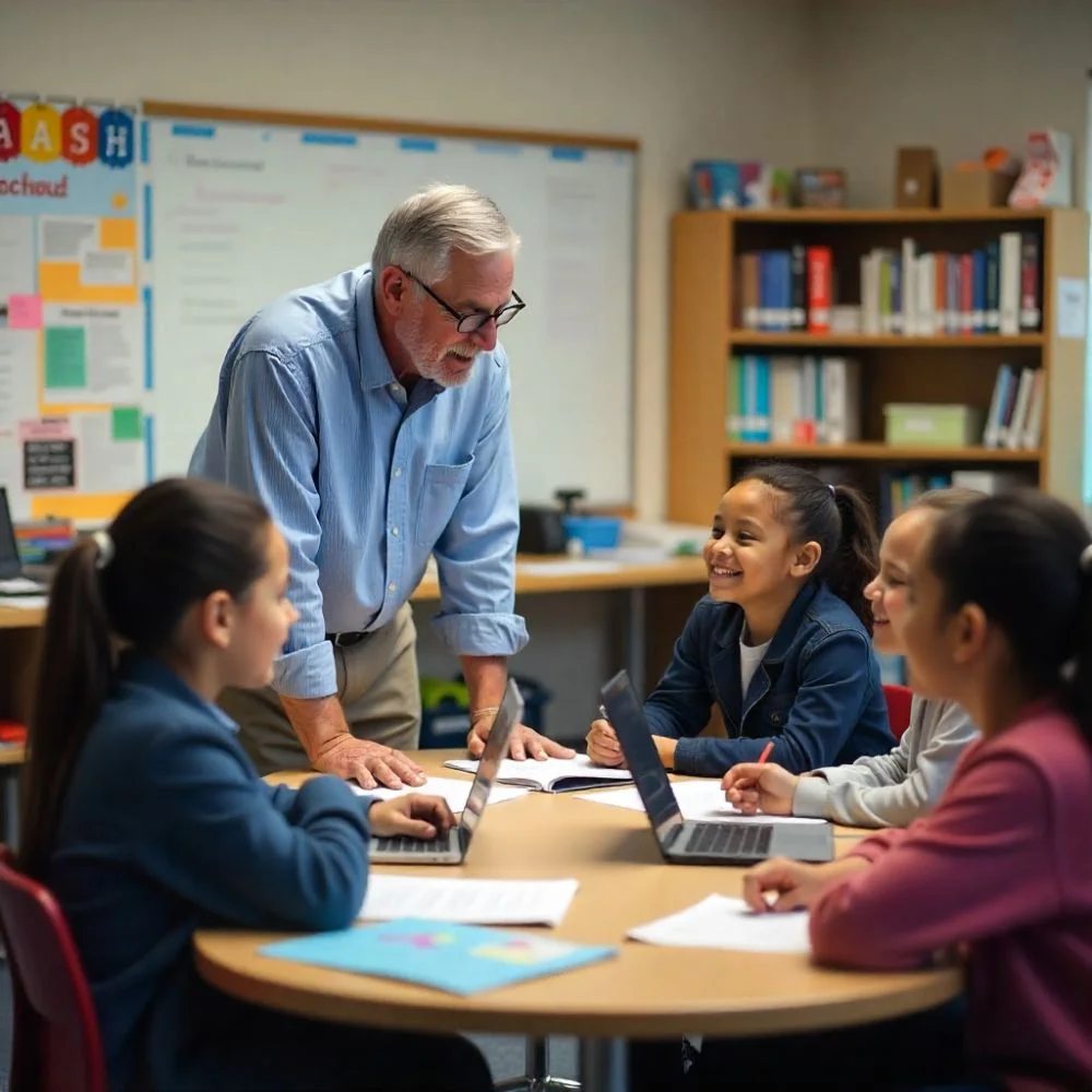 "Yockey Francis Parker mentoring students in a vibrant classroom."