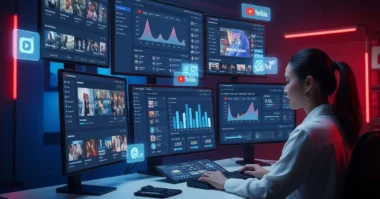 YouTube creator analyzing video trends and analytics on multiple futuristic screens.