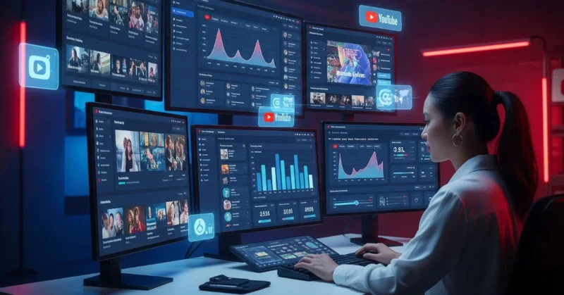 YouTube creator analyzing video trends and analytics on multiple futuristic screens.