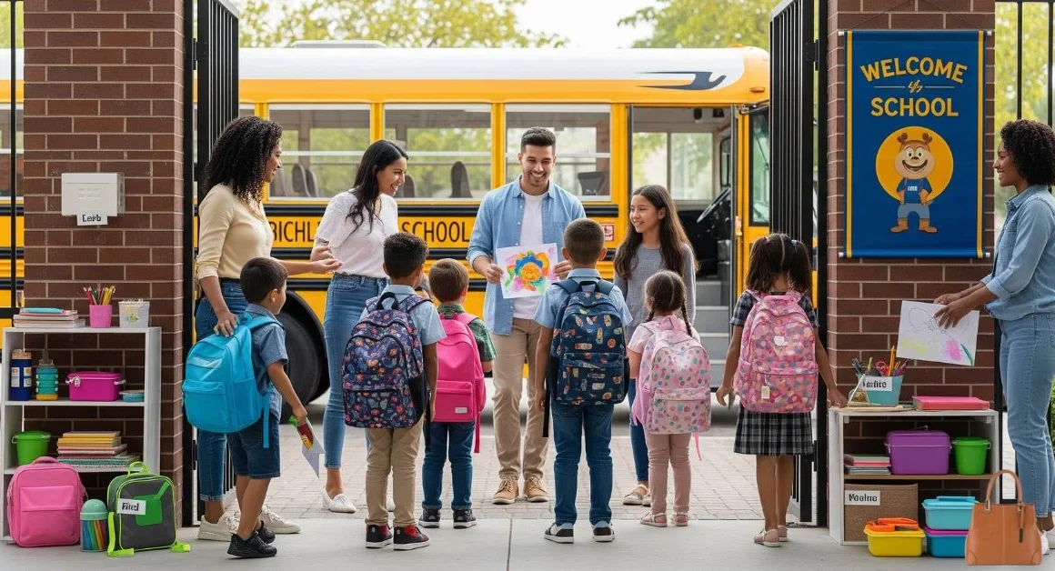 Children arriving at school with parents and teachers greeting them near a school bus on the first day.
