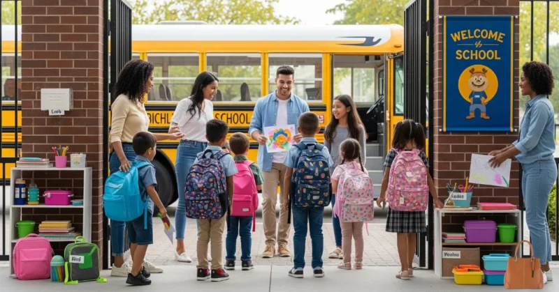 Children arriving at school with parents and teachers greeting them near a school bus on the first day.