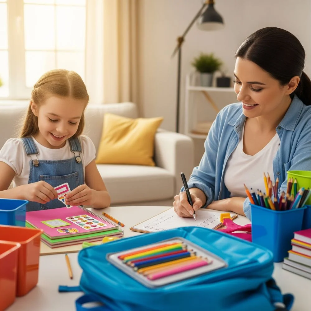 Parent and child organizing school supplies with a back-to-school checklist.
