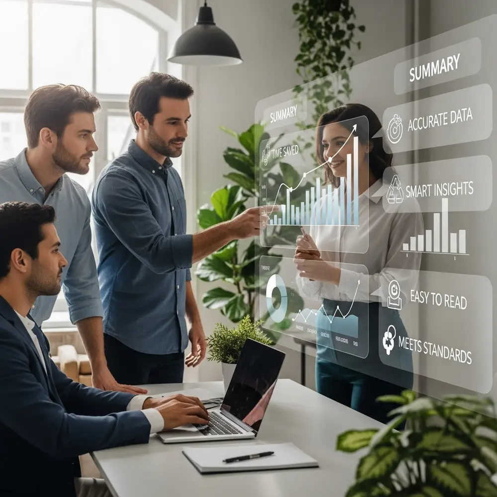 Team uses AI dashboard showing time savings and clear environmental insights.