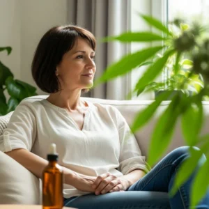 Woman relaxing calmly on a sofa with CBD oil nearby.