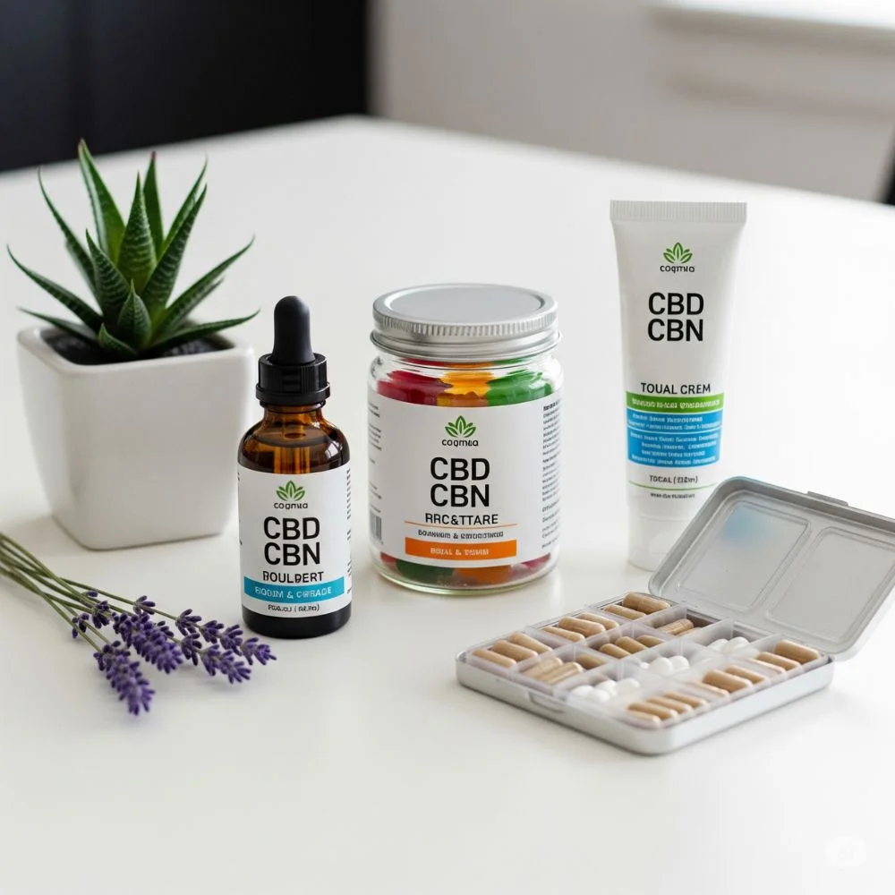 Various CBD and CBN products including oils, gummies, and creams.