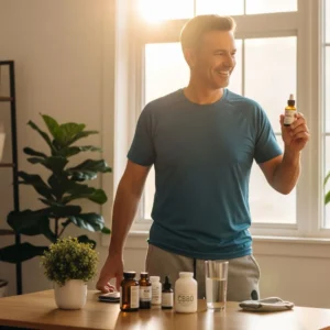 Person holding CBD bottle as part of daily immune routine