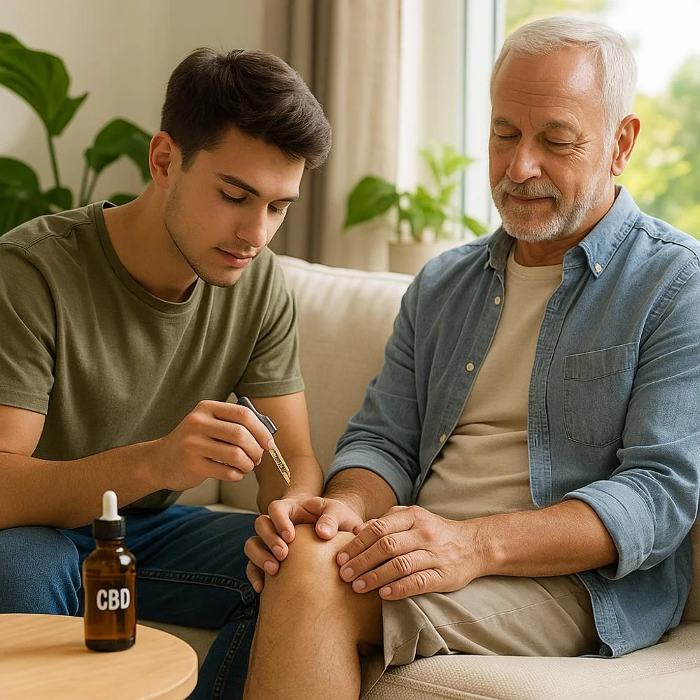 Son applying CBD oil to his father's knee for pain relief. 