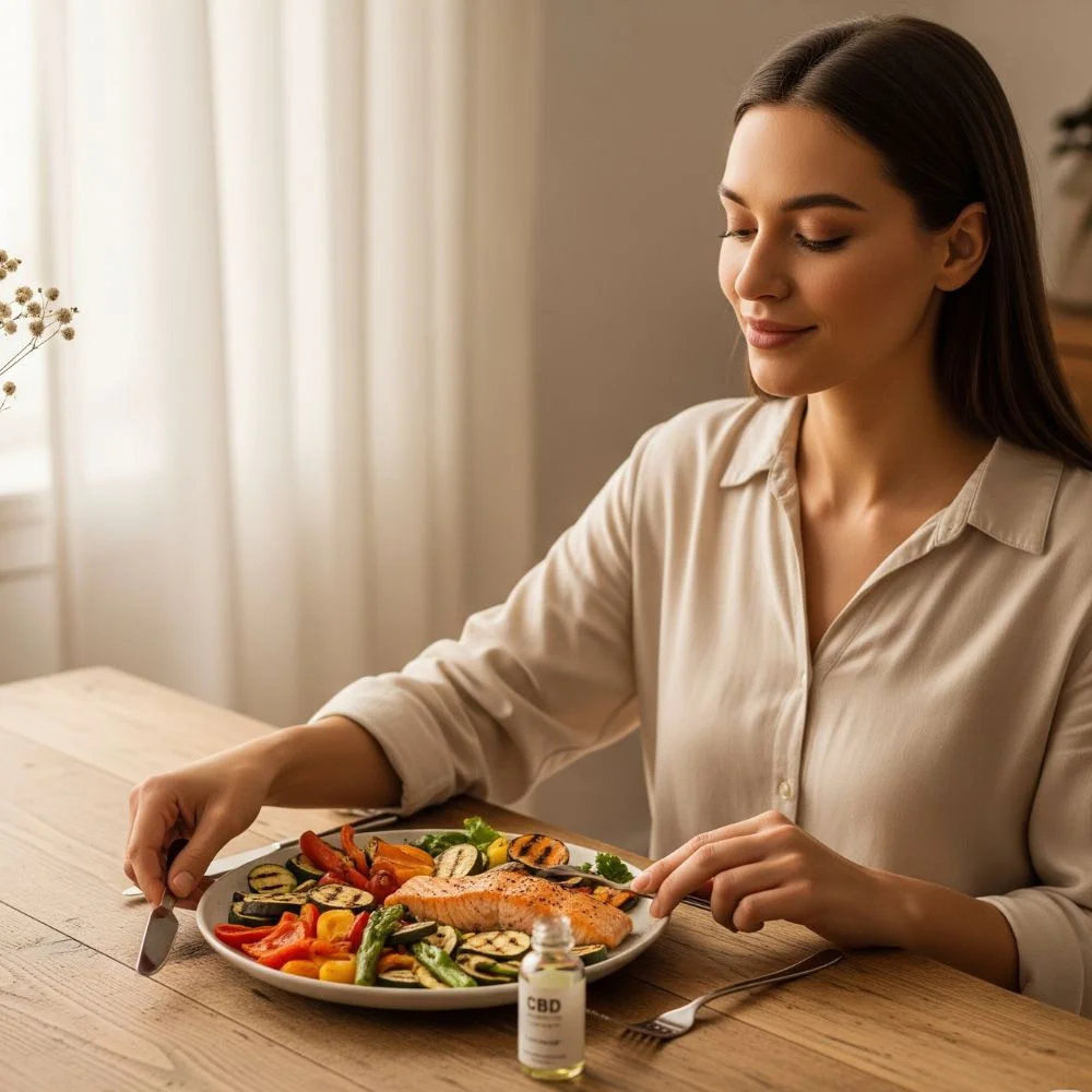 Person reaching for food with CBD bottle nearby.