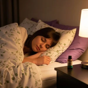 woman sleeping peacefully with CBD oil on bedside table.