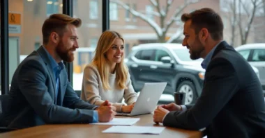 Image of Couple discussing Citizens Auto Loans application and rates with a bank advisor.