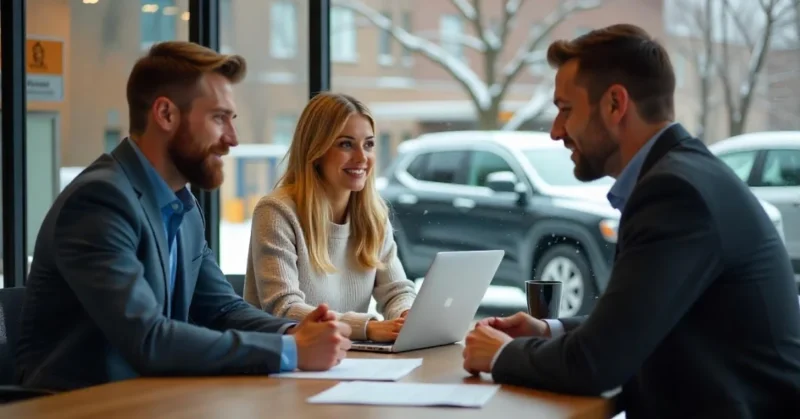 Image of Couple discussing Citizens Auto Loans application and rates with a bank advisor.