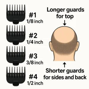 Infographic showing clipper guard sizes (#1 to #4) with hair lengths and head illustration indicating where to use each guard.