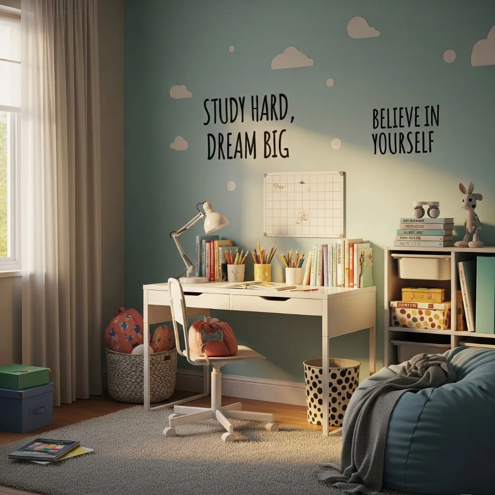 Peaceful study corner for kids with books, desk, and soft lighting.