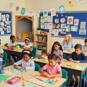 Colorful classroom with student crafts, art projects, and cozy learning spaces.