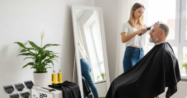 Woman using clippers to cut a man's hair at home near a window, with barber tools on a nearby table.