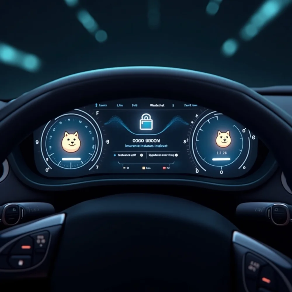 Image of Car dashboard showing Dogecoin-based auto insurance payment with digital elements.