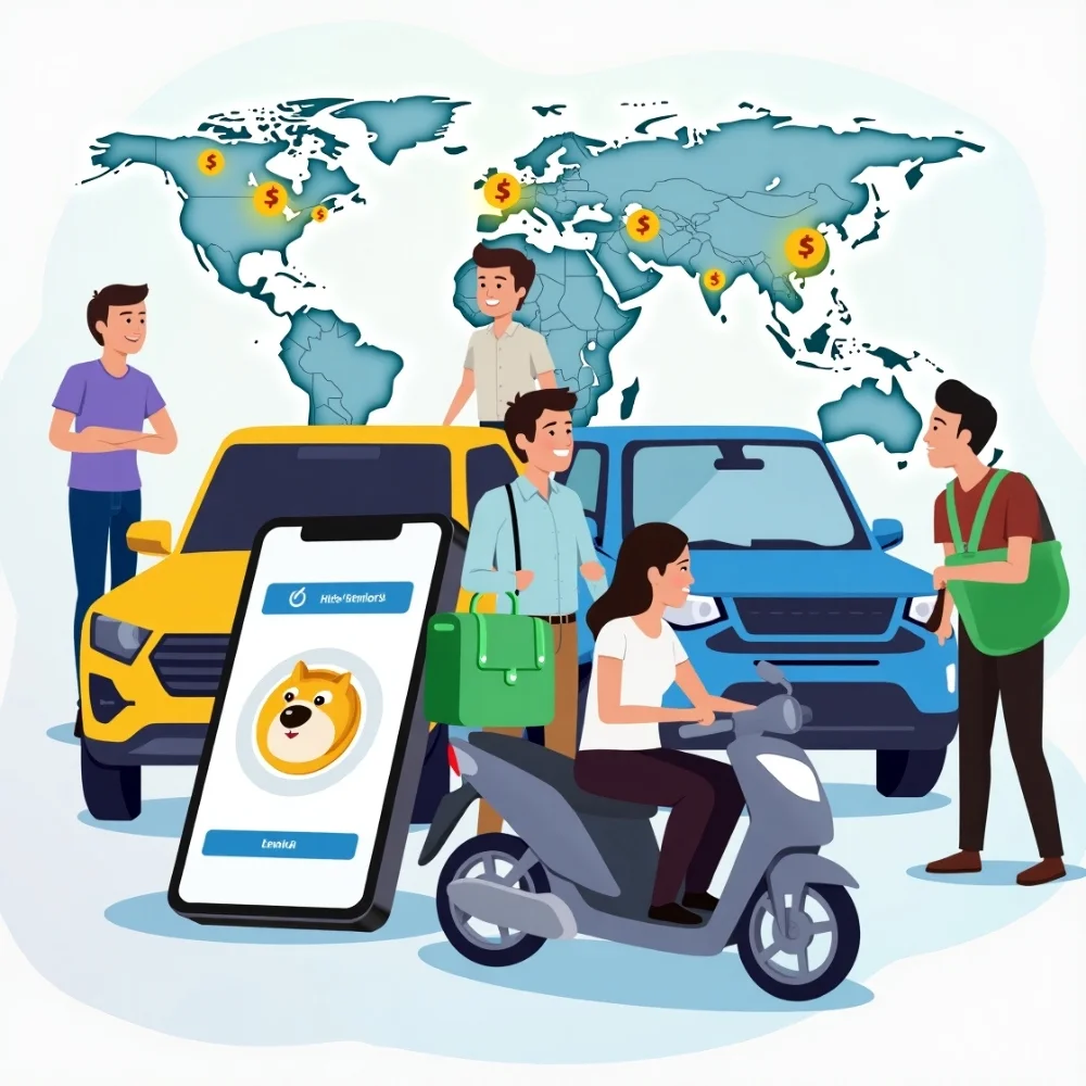Image of People with different vehicles checking Dogecoin insurance eligibility by income, usage, and location.