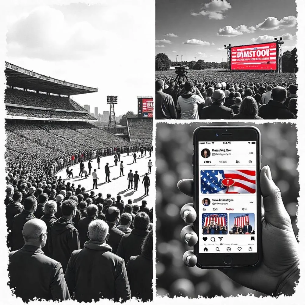 I,age of Infographic showing key factors influencing Trump rally crowd sizes including venue, media timing, and digital promotion.