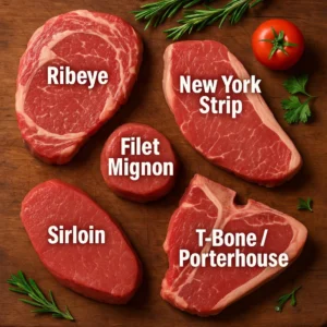 Five raw steak cuts labeled Ribeye, New York Strip, Filet Mignon, T-Bone / Porterhouse, and Sirloin on a wooden board.