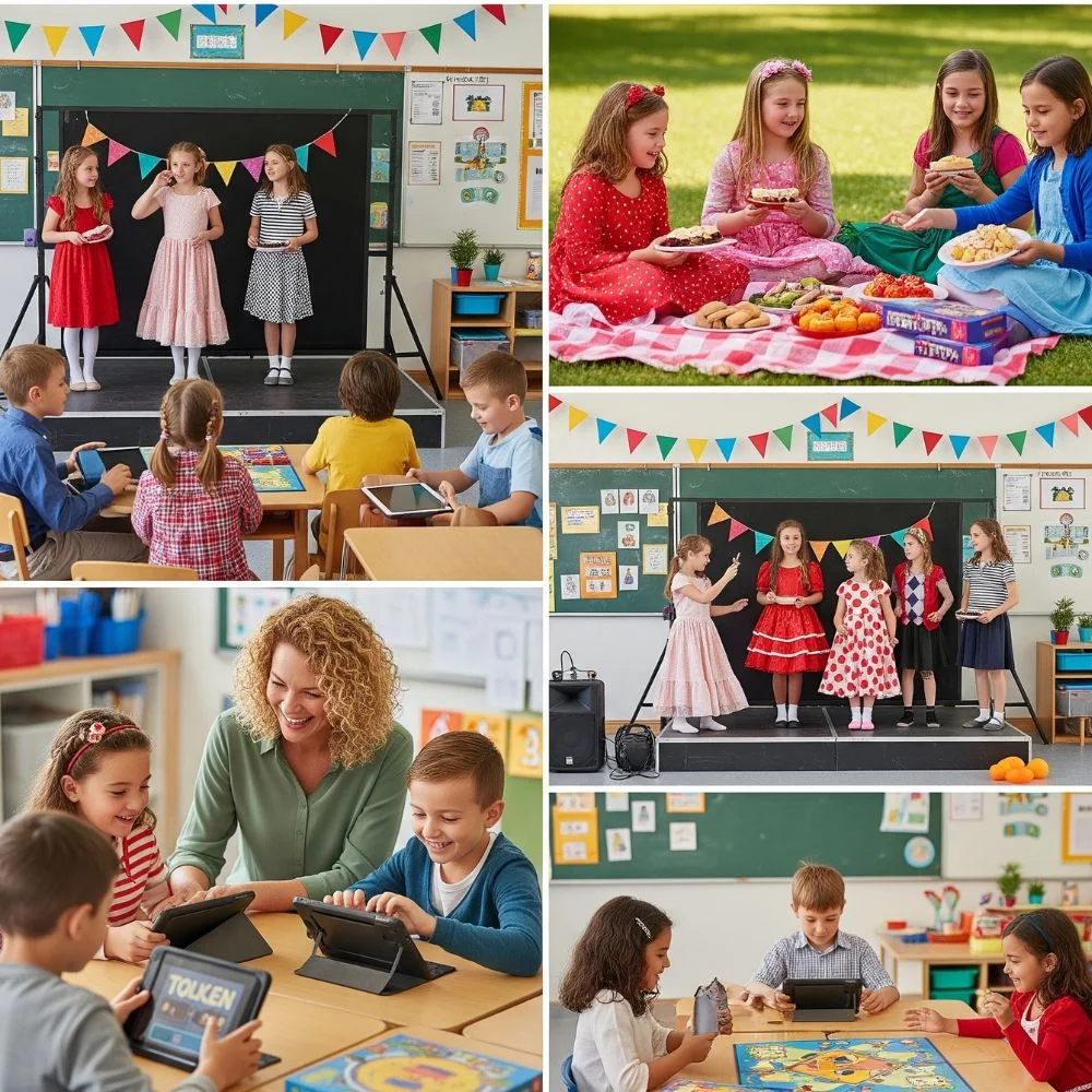 Students enjoying fun theme day, educational games, and outdoor picnic at school.