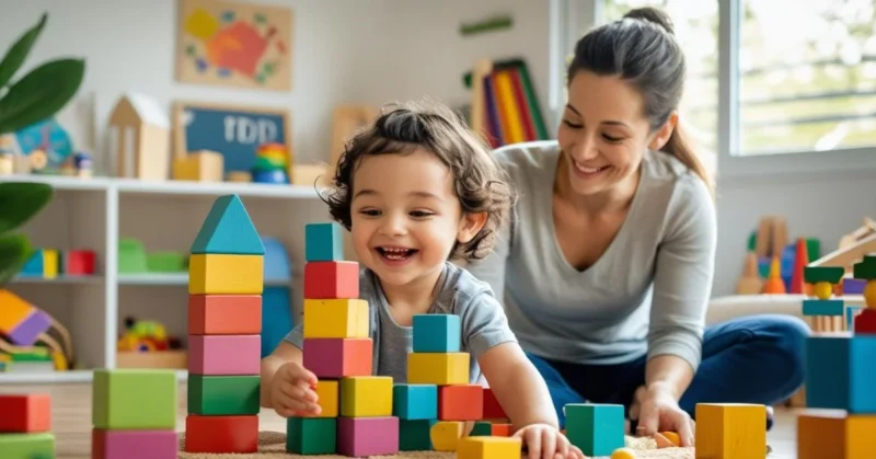 Smiling toddler building colorful blocks with a parent during play-based learning.