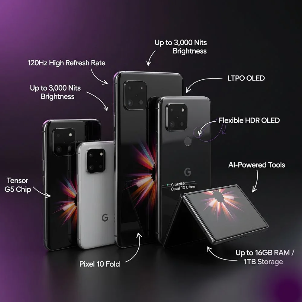 Google Pixel 10 phones with key features highlighted.