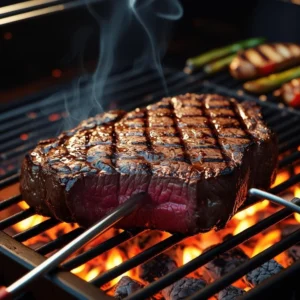  Juicy steak with grill marks cooking over hot flames on a barbecue grill.