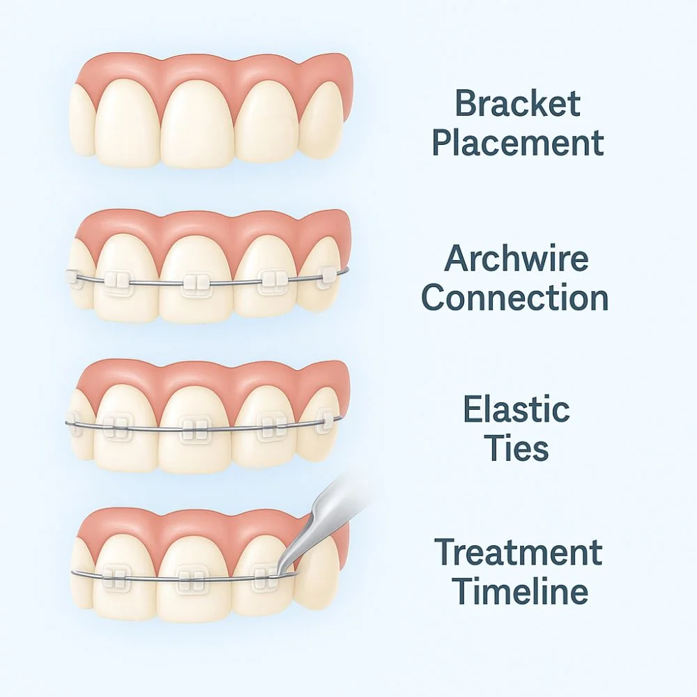 Infographic showing 5 realistic steps of how ceramic braces work