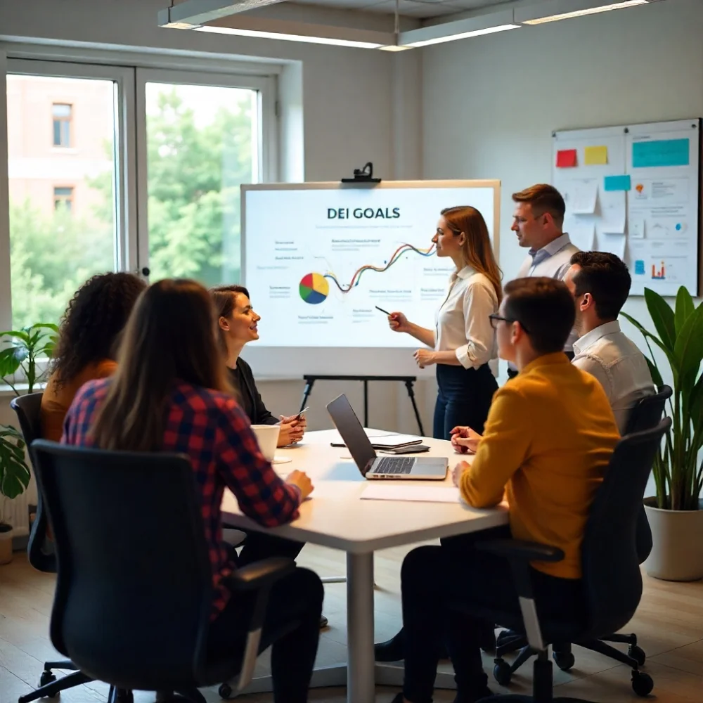 Image of Job seekers discussing DEI culture in a workplace meeting.