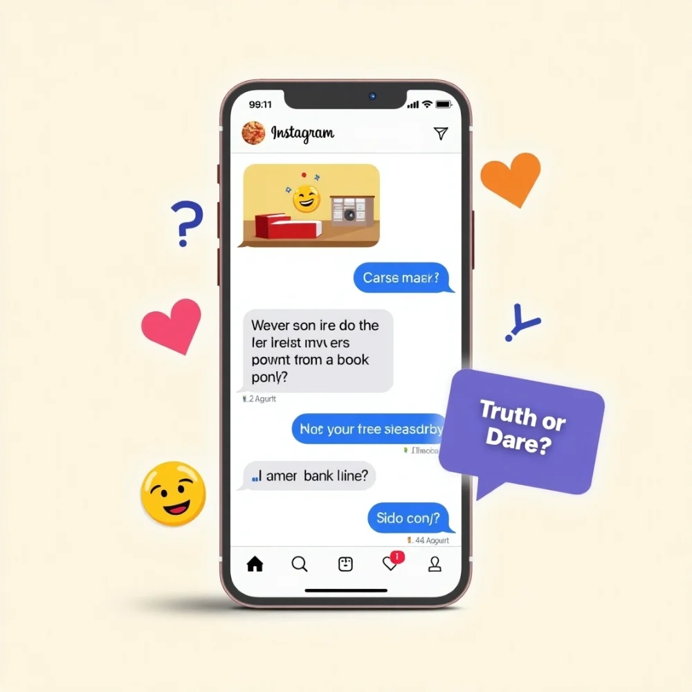 Image of Friends playing popular Instagram games in DMs like emoji pong, quickfire questions, and truth or dare in 2025.